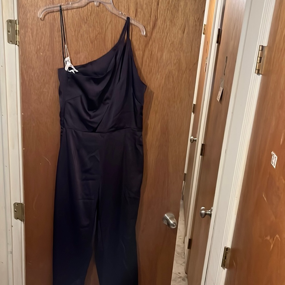 OML size Large eggplant/deep purple one shoulder jumpsuit
